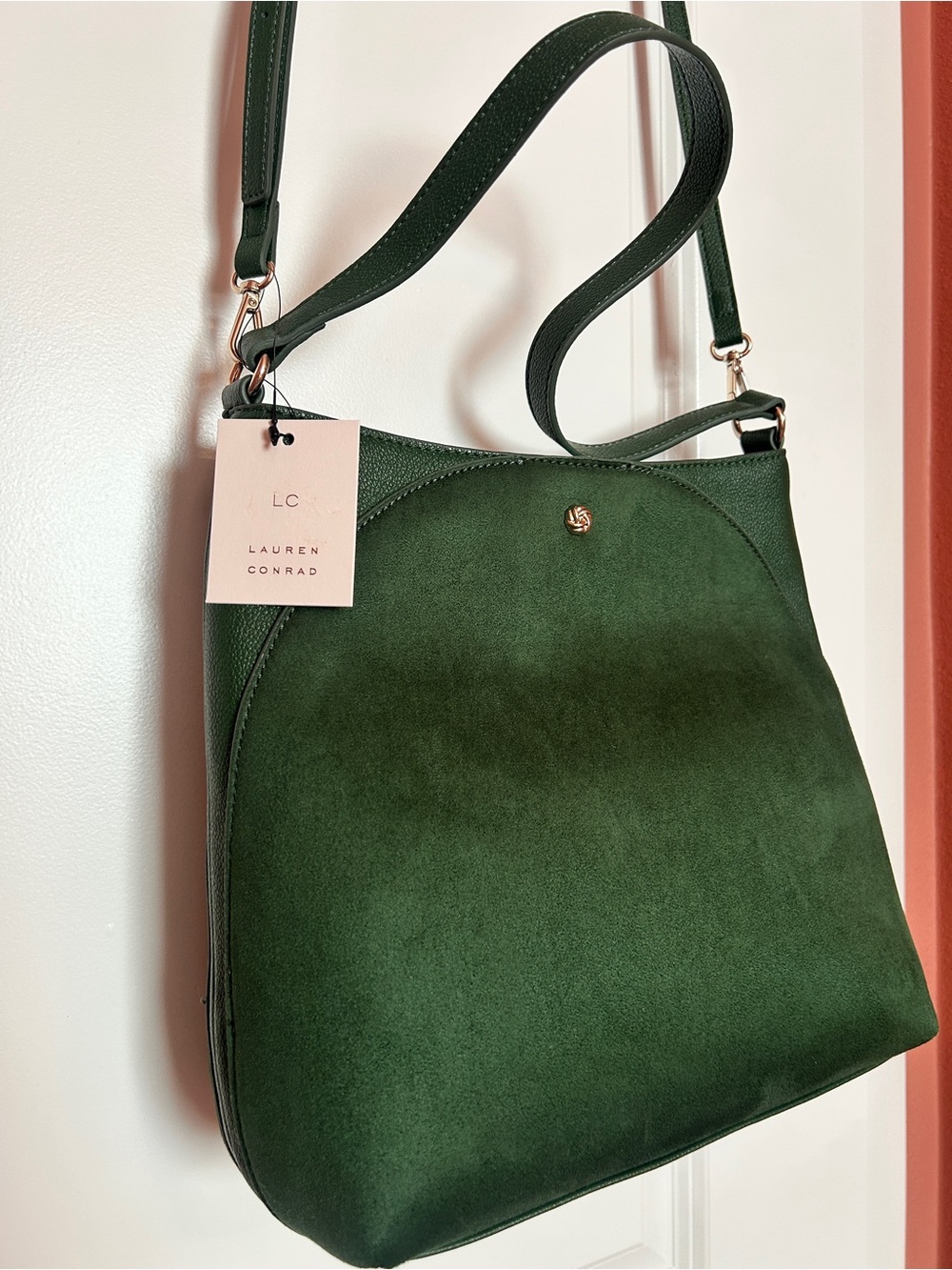 LC Lauren Conrad Dark Green Suede Shoulder Bag with Gold Accent-Brand New w/ Tag